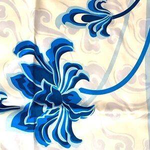 WENSLI 100% Pure Silk Scarf 35" BLUE White Floral NWOT